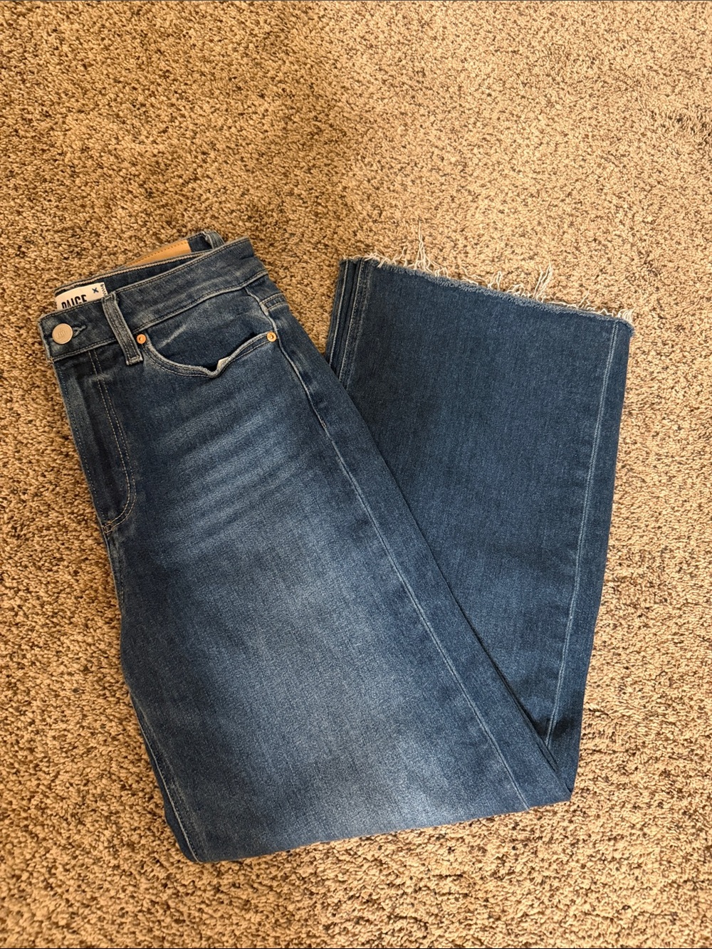 PAIGE Blue Wide-Leg Flare Jeans with Raw Hem